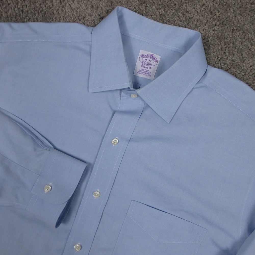 Brooks Brothers Shirt Mens L 16 32 Blue Solid Classic Non Iron Dress Button Up‎